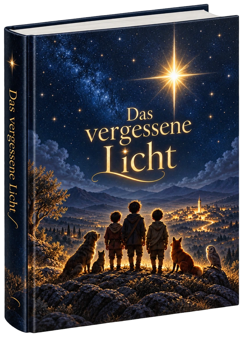 Buchmodell von „Das vergessene Licht“: drei Jungen mit Hund, Katze, Fuchs und Eule blicken auf ein beleuchtetes Dorf unter einem Sternenhimmel mit goldigem Stern.